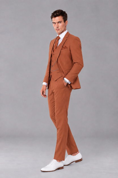 Savile Rust 3-Piece Suit with Notch Lapel & Chain Vest - Rust