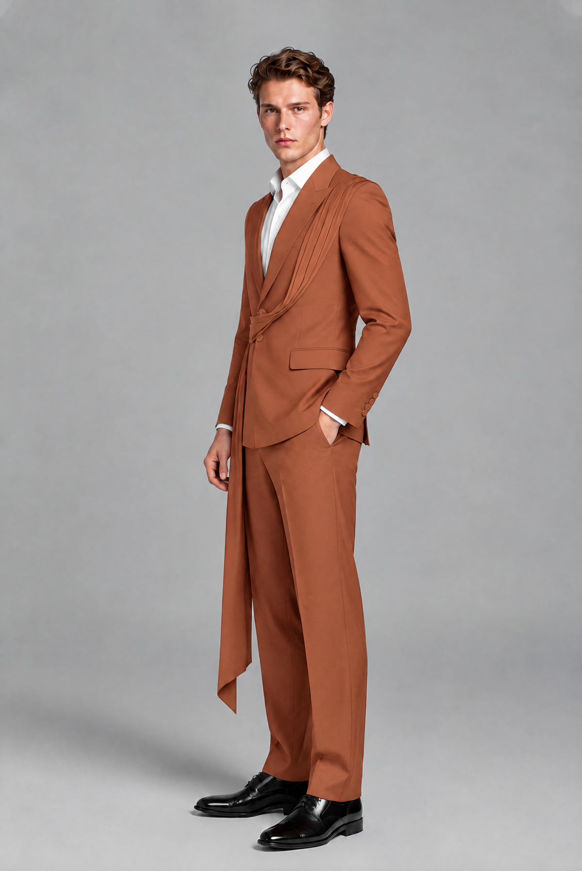 Men's Rust Draped Sash Suit – Peak Lapel 2-Piece Slim Fit Party, Gala & Wedding Set - Rust