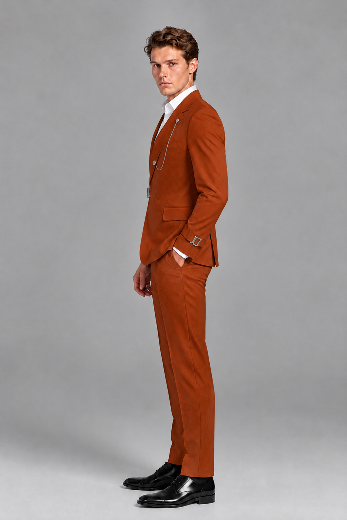 Savile Men's Rust Buckle-Closure 2-Piece Suit Set | Peak Lapel Blazer & Trousers - Rust