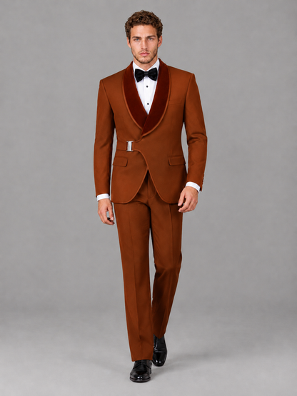 Savile Men's Rust Velvet Shawl Lapel Tuxedo Suit – Modern Side-Buckle Dinner Jacket & Trousers 2-Piece Set - Rust