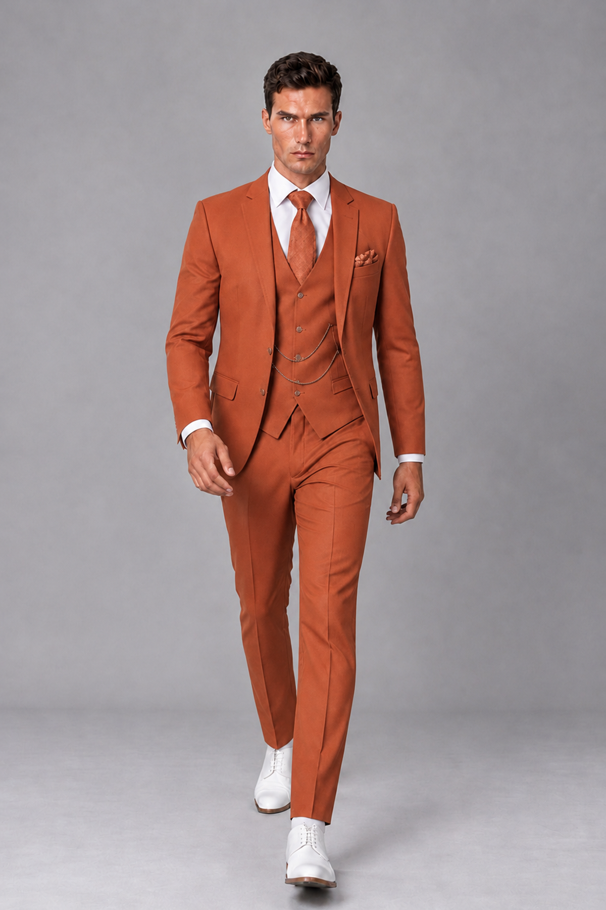 Savile Rust 3-Piece Suit with Notch Lapel & Chain Vest - Rust