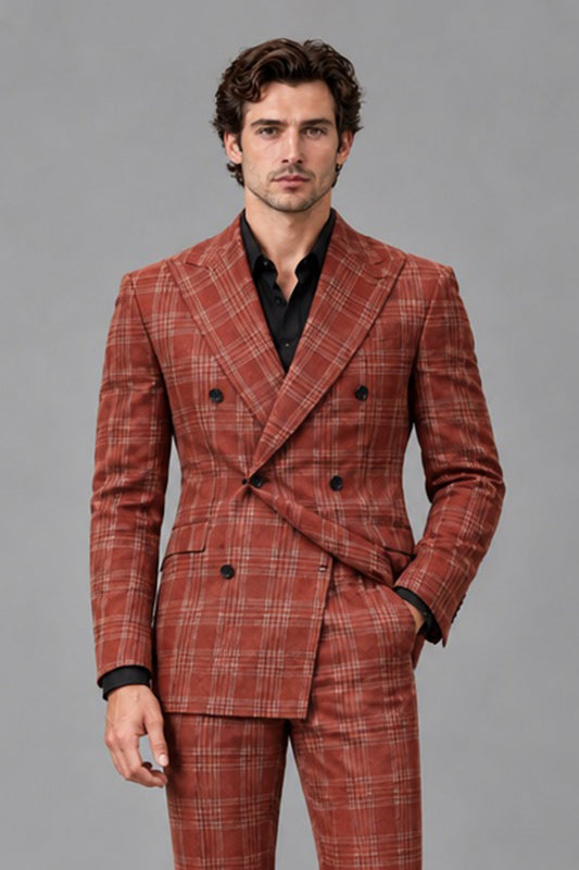 Savile Men's Rust Plaid Double-Breasted Jacket - Peak Lapel & Check Pattern Close-Up