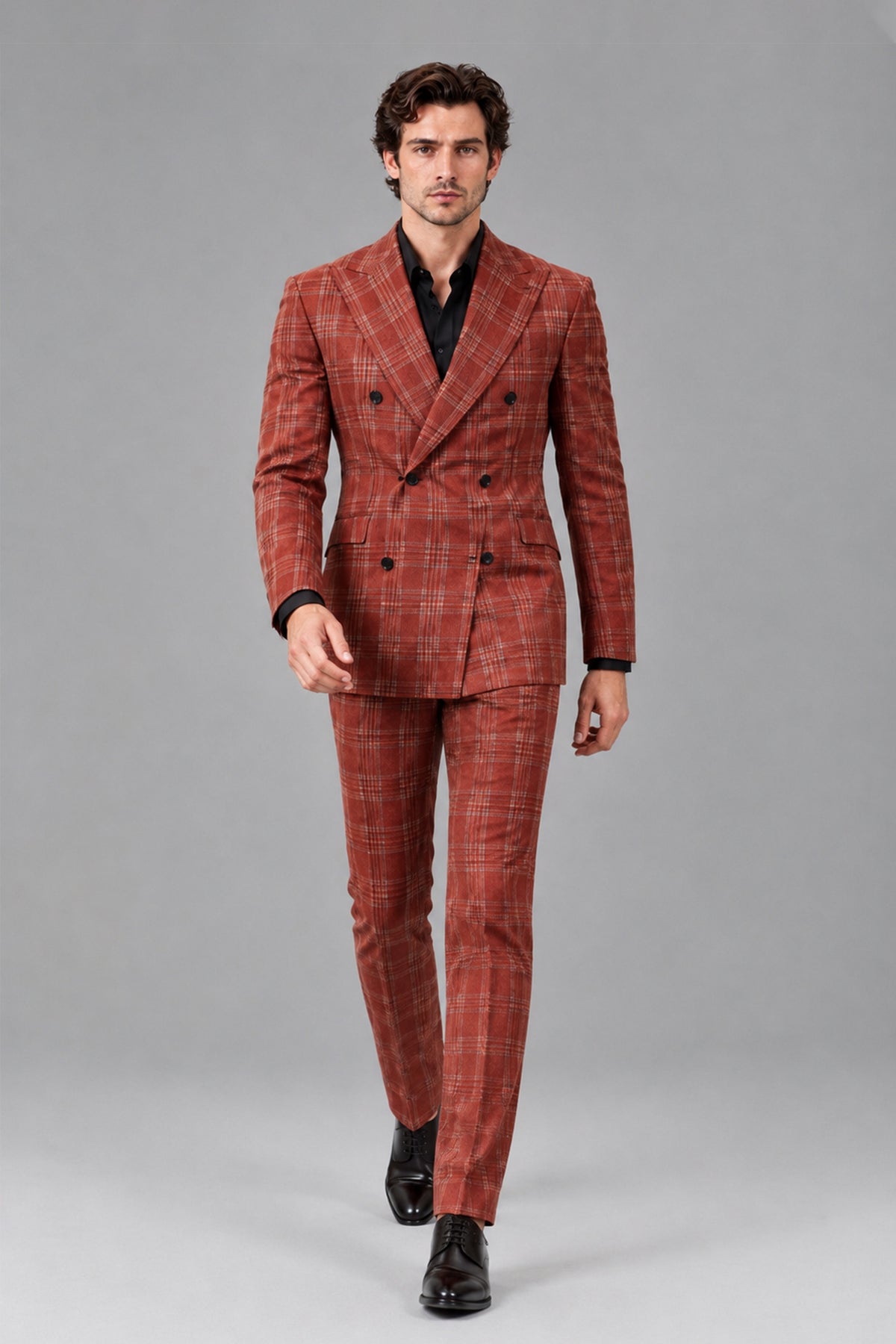 Savile Men's Rust Plaid 2-Piece Suit - Walking Front View