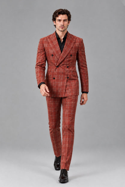 Savile Men's Rust Plaid 2-Piece Suit - Walking Front View