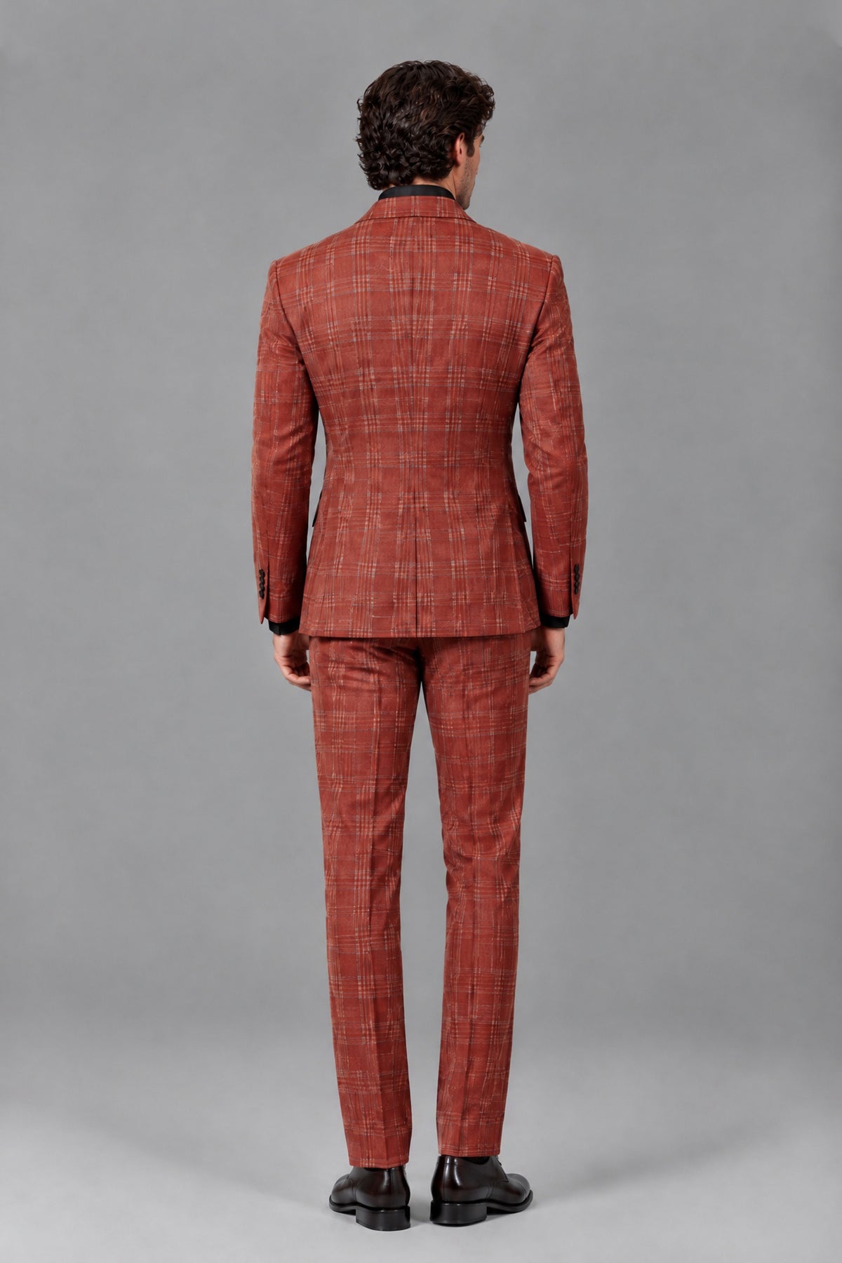 Savile Men's Rust Plaid 2-Piece Suit - Full Body Back View