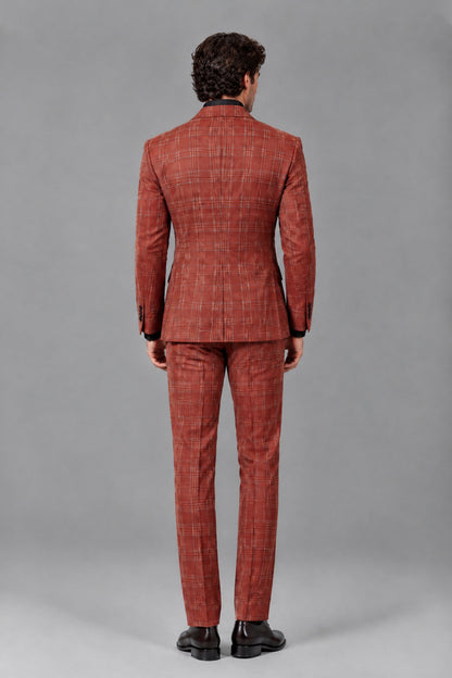 Savile Men's Rust Plaid 2-Piece Suit - Full Body Back View