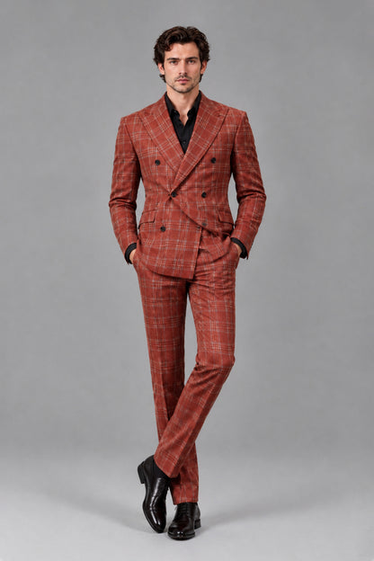Savile Men's Rust Plaid 2-Piece Suit - Full Body Crossed-Leg Pose