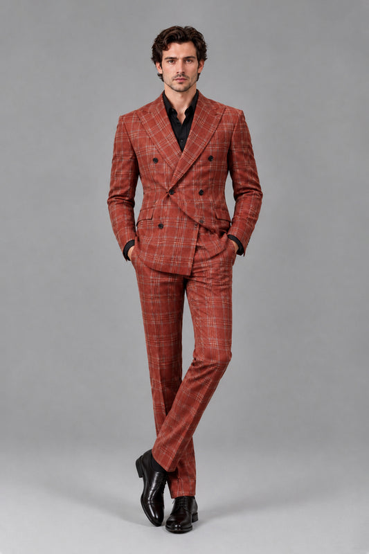 Savile Men's Rust Plaid 2-Piece Suit - Full Body Crossed-Leg Pose