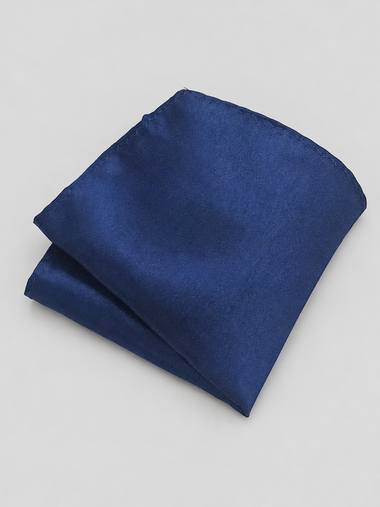 Savile Men's Navy Blue Satin Pocket Square - Studio Flat Fold Hero View
