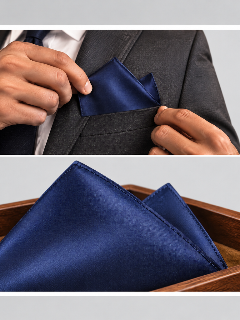 Savile Men's Navy Blue Satin Pocket Square - On-Model Suit Breast Pocket Styling and Texture Detail