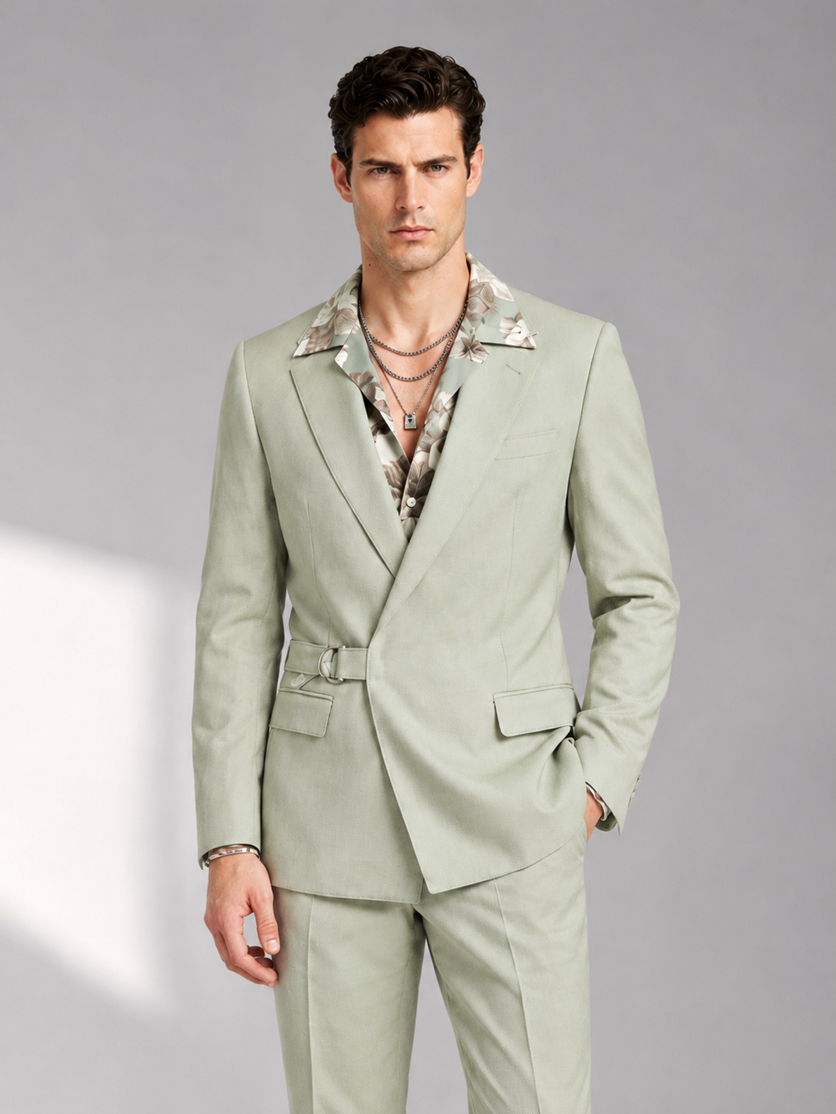 Savile Men's Sage Green Belted Wrap 2-Piece Suit – Peak Lapel Blazer & Tailored Trousers - SUC060