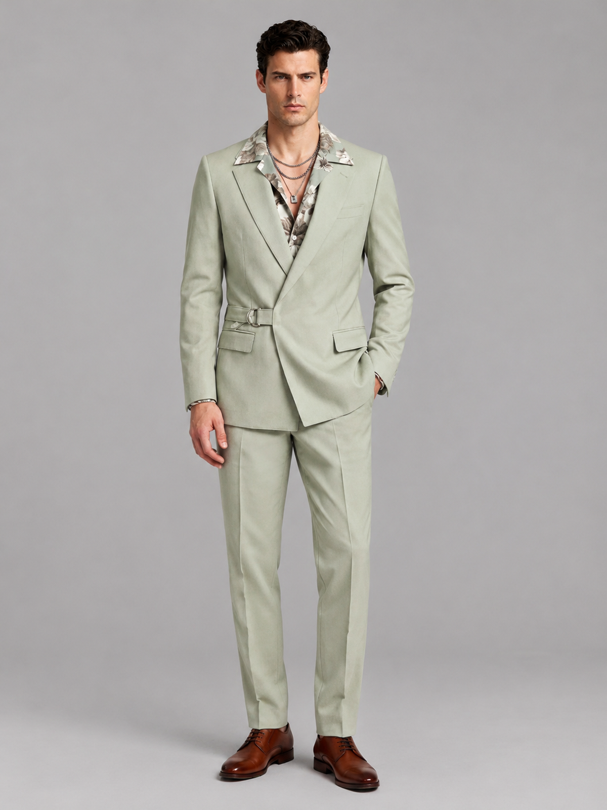 Savile Men's Sage Green Belted Wrap 2-Piece Suit – Peak Lapel Blazer & Tailored Trousers - SUC060