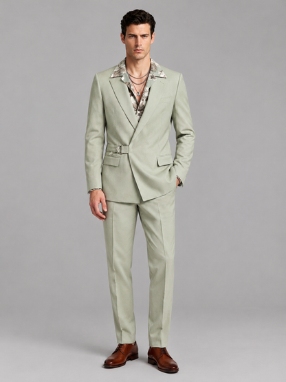 Savile Men's Sage Green Belted Wrap 2-Piece Suit – Peak Lapel Blazer & Tailored Trousers - SUC060