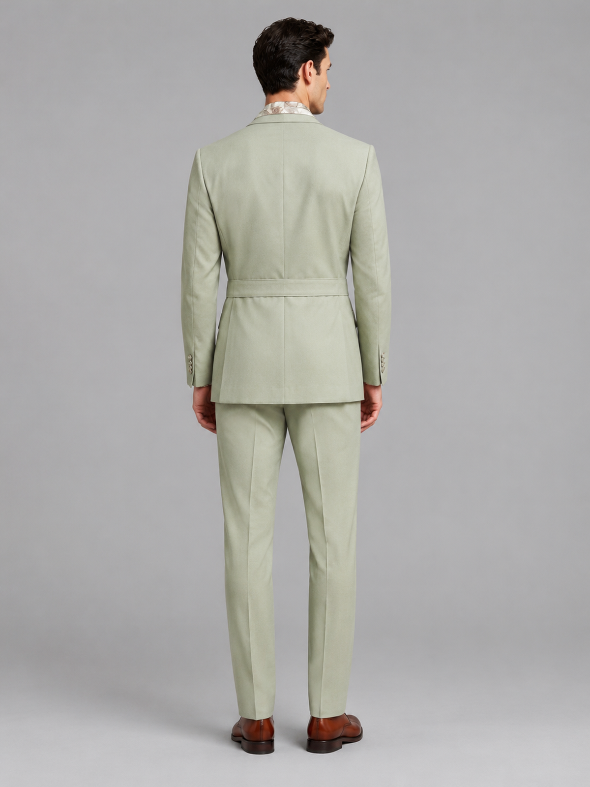 Savile Men's Sage Green Belted Wrap 2-Piece Suit – Peak Lapel Blazer & Tailored Trousers - SUC060
