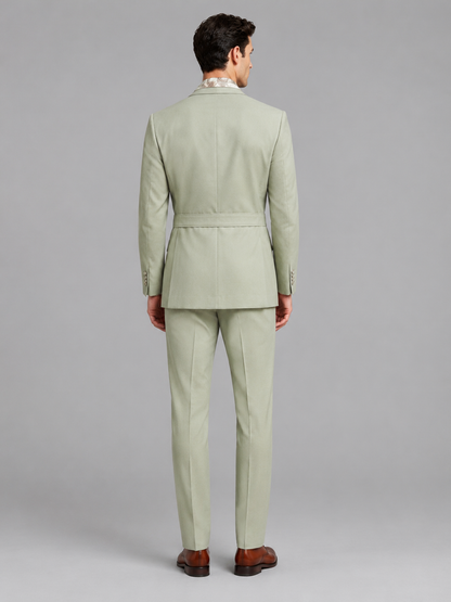Savile Men's Sage Green Belted Wrap 2-Piece Suit – Peak Lapel Blazer & Tailored Trousers - SUC060