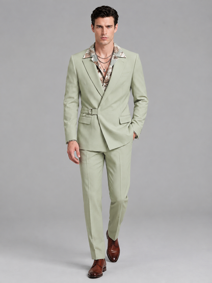 Savile Men's Sage Green Belted Wrap 2-Piece Suit – Peak Lapel Blazer & Tailored Trousers - SUC060