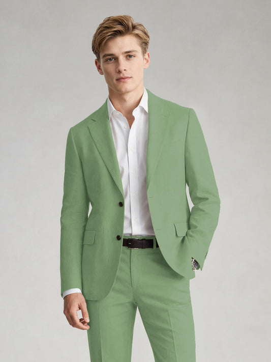 Savile Men's Sand Khaki Linen-Blend 2-Piece Suit Set – Two-Button Notch Lapel Slim-Fit Blazer & Slim Trousers - Sage Green - Sage_Green