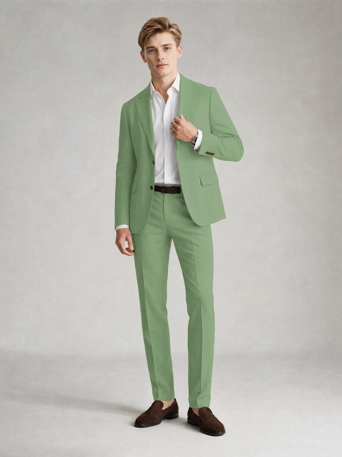 Savile Men's Sand Khaki Linen-Blend 2-Piece Suit Set – Two-Button Notch Lapel Slim-Fit Blazer & Slim Trousers - Sage Green - Sage_Green