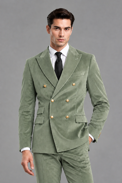 Savile Men's Sage Green Velvet Double-Breasted 2-Piece Suit Set | Peak Lapel Blazer & Trousers - Sage Green