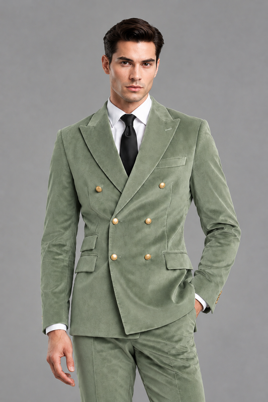 Savile Men's Sage Green Velvet Double-Breasted 2-Piece Suit Set | Peak Lapel Blazer & Trousers - Sage Green