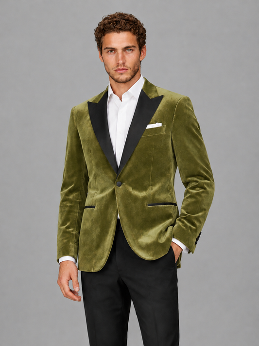 Savile Men's Sage Green Velvet Peak Lapel 2-Piece Tuxedo Suit Set | Jacket & Trousers - Sage Green