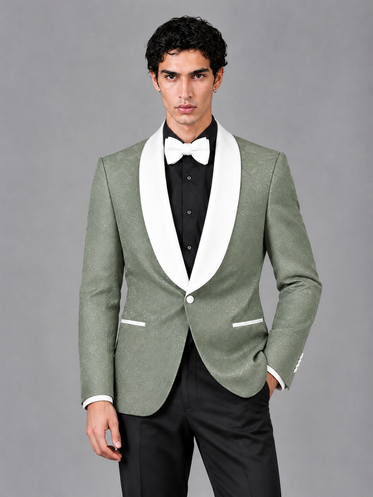 Savile Men's Sage Green Jacquard White Shawl Lapel 2-Piece Tuxedo Suit Set | Jacket & Trousers - Sage Green - Sage Green (1)
