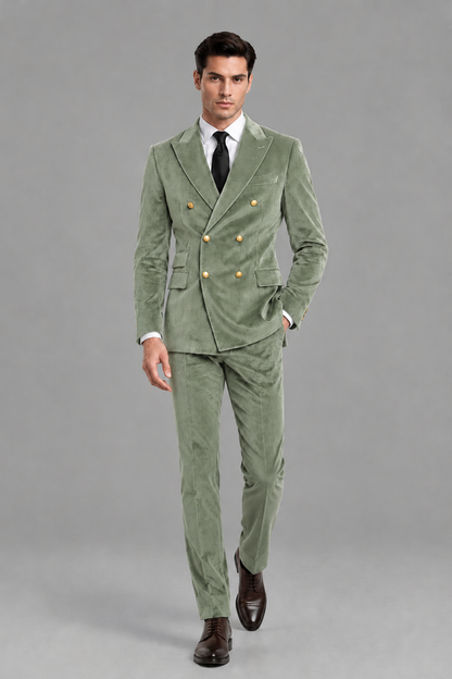 Savile Men's Sage Green Velvet Double-Breasted 2-Piece Suit Set | Peak Lapel Blazer & Trousers - Sage Green