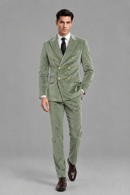 Savile Men's Sage Green Velvet Double-Breasted 2-Piece Suit Set | Peak Lapel Blazer & Trousers - Sage Green