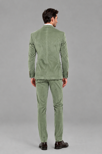 Savile Men's Sage Green Velvet Double-Breasted 2-Piece Suit Set | Peak Lapel Blazer & Trousers - Sage Green