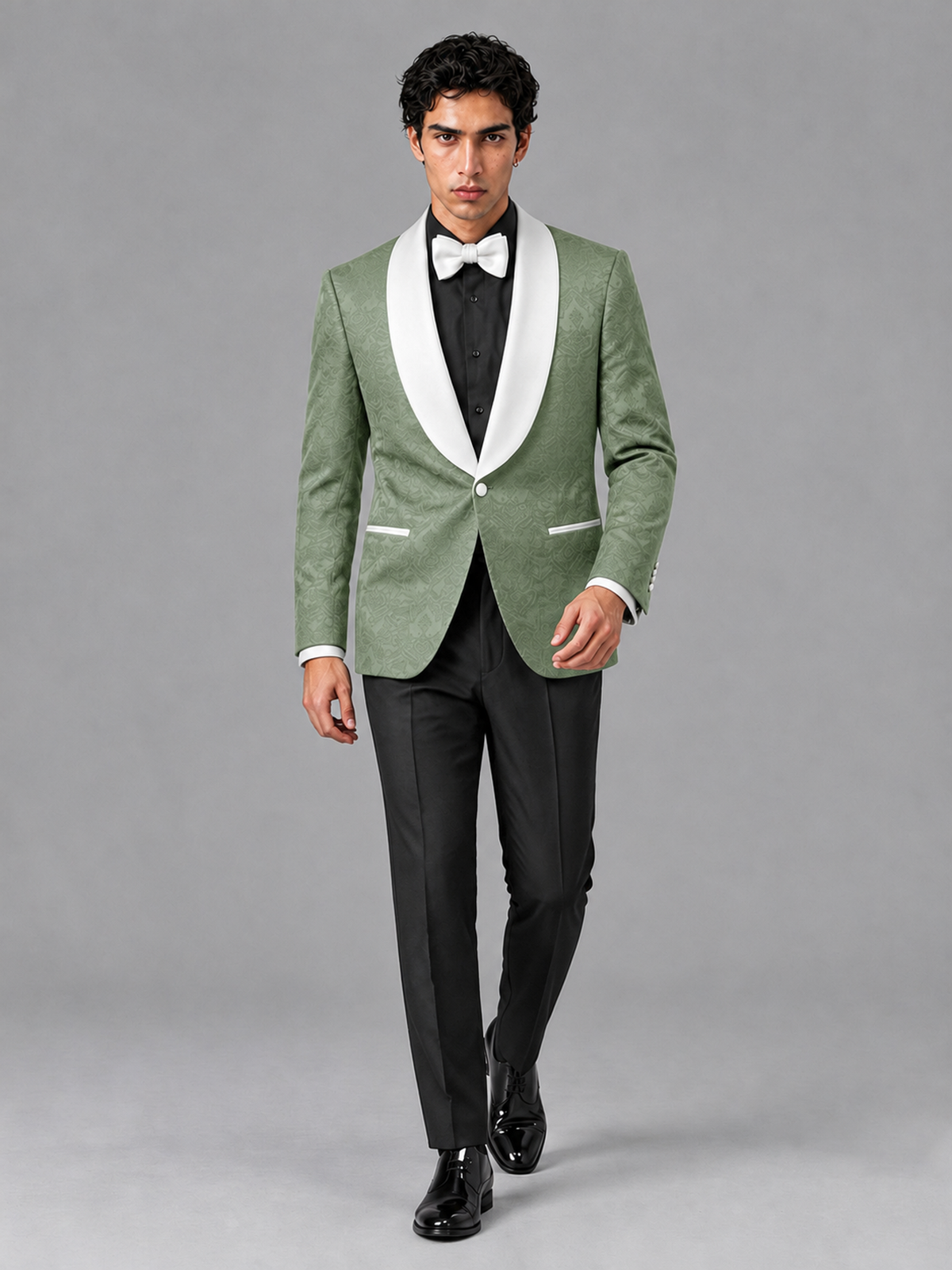 Savile Men's Sage Green Jacquard White Shawl Lapel 2-Piece Tuxedo Suit Set | Jacket & Trousers - Sage Green - Sage Green (3)