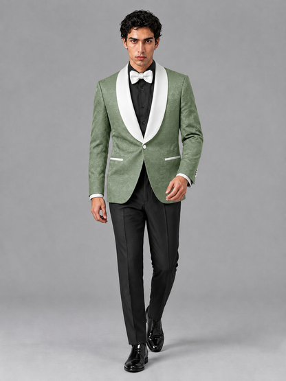 Savile Men's Sage Green Jacquard White Shawl Lapel 2-Piece Tuxedo Suit Set | Jacket & Trousers - Sage Green - Sage Green (3)