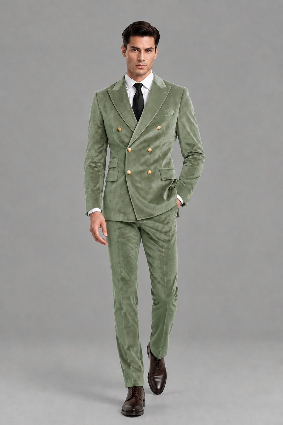Savile Men's Sage Green Velvet Double-Breasted 2-Piece Suit Set | Peak Lapel Blazer & Trousers - Sage Green