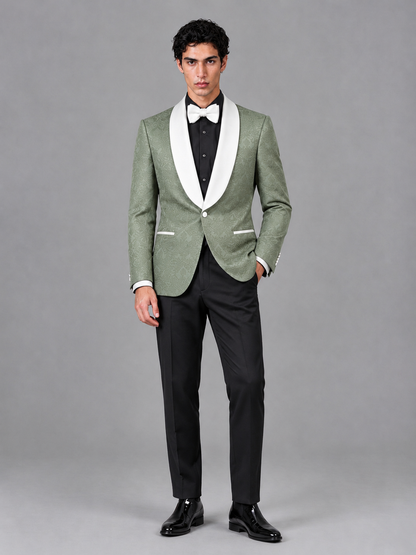 Savile Men's Sage Green Jacquard White Shawl Lapel 2-Piece Tuxedo Suit Set | Jacket & Trousers - Sage Green - Sage Green (4)