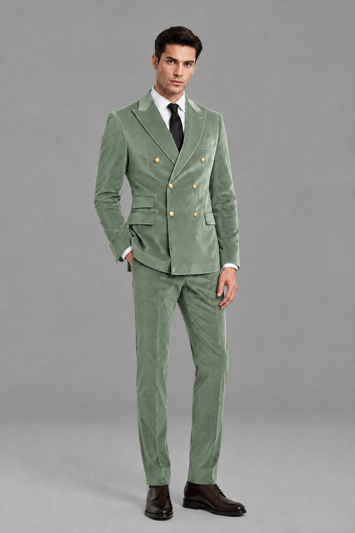 Savile Men's Sage Green Velvet Double-Breasted 2-Piece Suit Set | Peak Lapel Blazer & Trousers - Sage Green