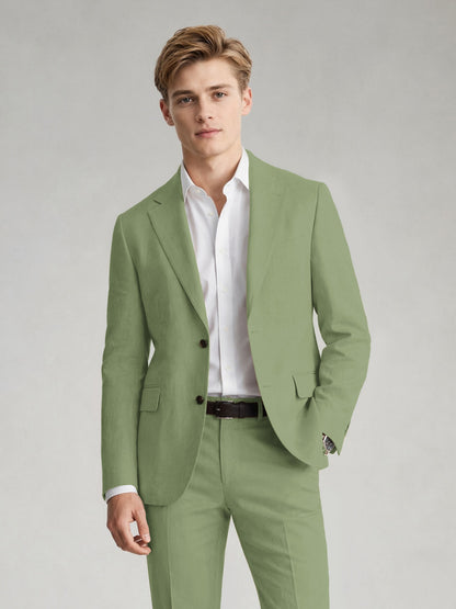 Savile Men's Sand Khaki Linen-Blend 2-Piece Suit Set – Two-Button Notch Lapel Slim-Fit Blazer & Slim Trousers - Sage Olive - Sage_Olive