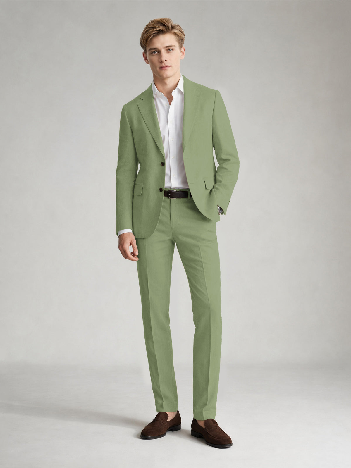 Savile Men's Sand Khaki Linen-Blend 2-Piece Suit Set – Two-Button Notch Lapel Slim-Fit Blazer & Slim Trousers - Sage Olive - Sage_Olive