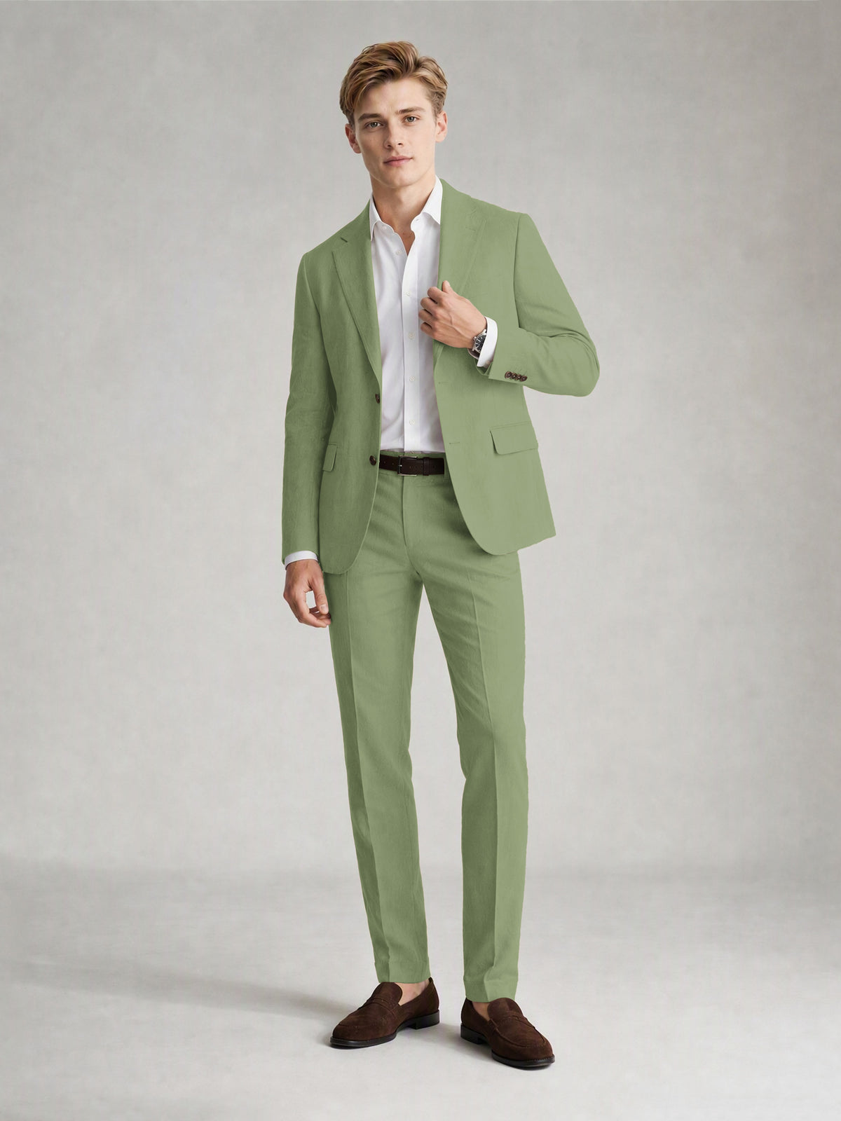 Savile Men's Sand Khaki Linen-Blend 2-Piece Suit Set – Two-Button Notch Lapel Slim-Fit Blazer & Slim Trousers - Sage Olive - Sage_Olive