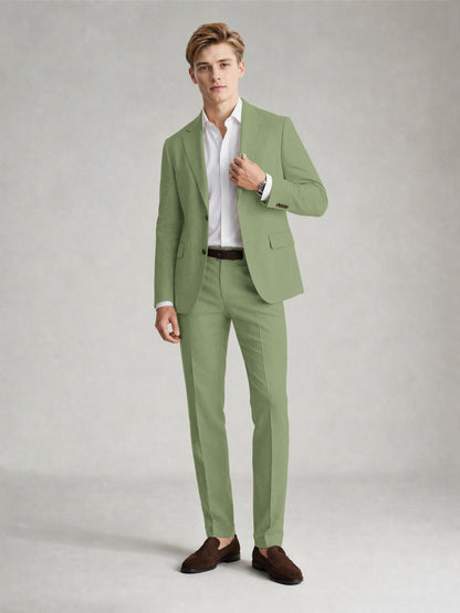Savile Men's Sand Khaki Linen-Blend 2-Piece Suit Set – Two-Button Notch Lapel Slim-Fit Blazer & Slim Trousers - Sage Olive - Sage_Olive