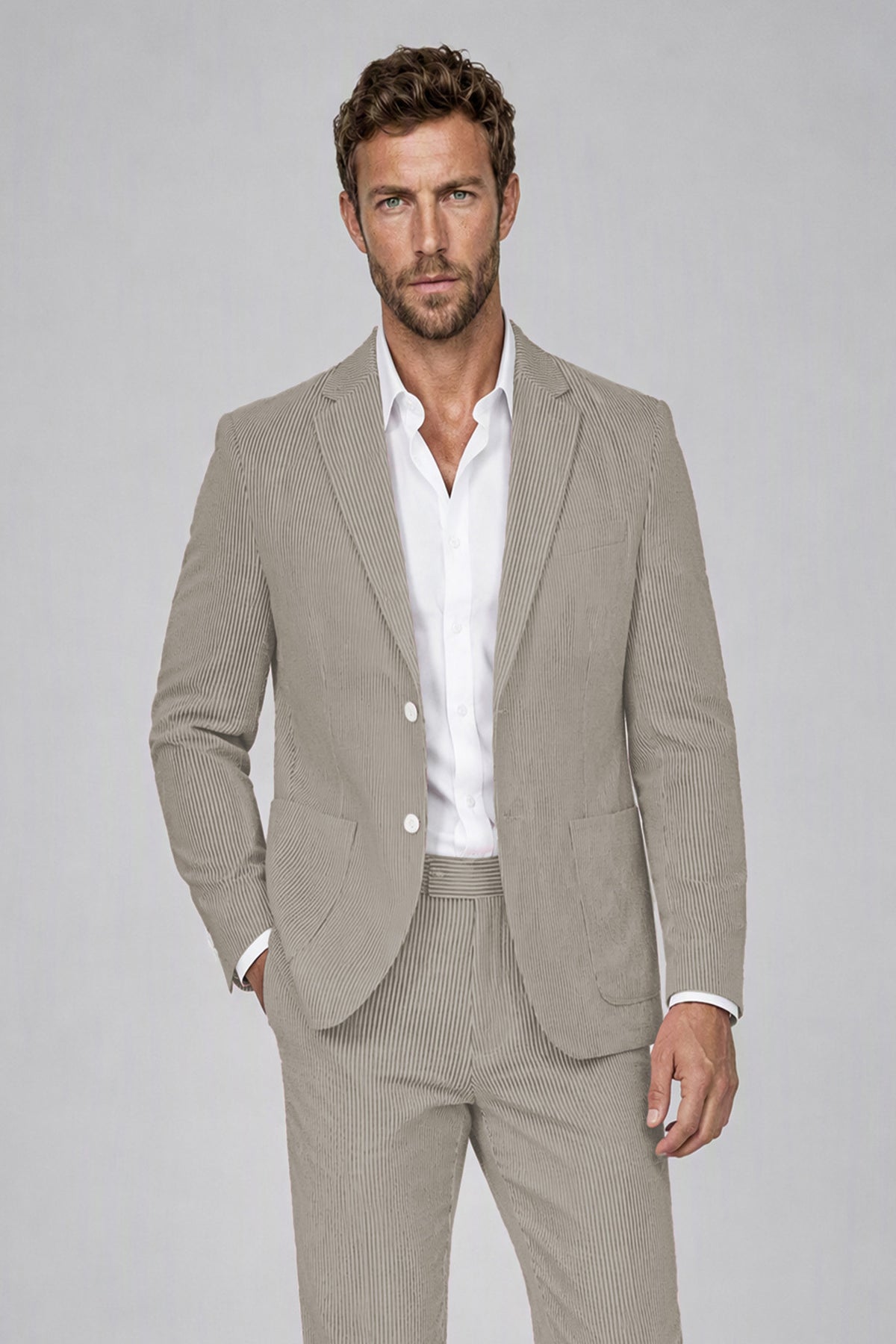 Savile Men's Sand Beige Striped 2-Piece Suit Set – Notch Lapel Blazer & Tailored Trousers - Sand Beige - Sand_Beige(1)