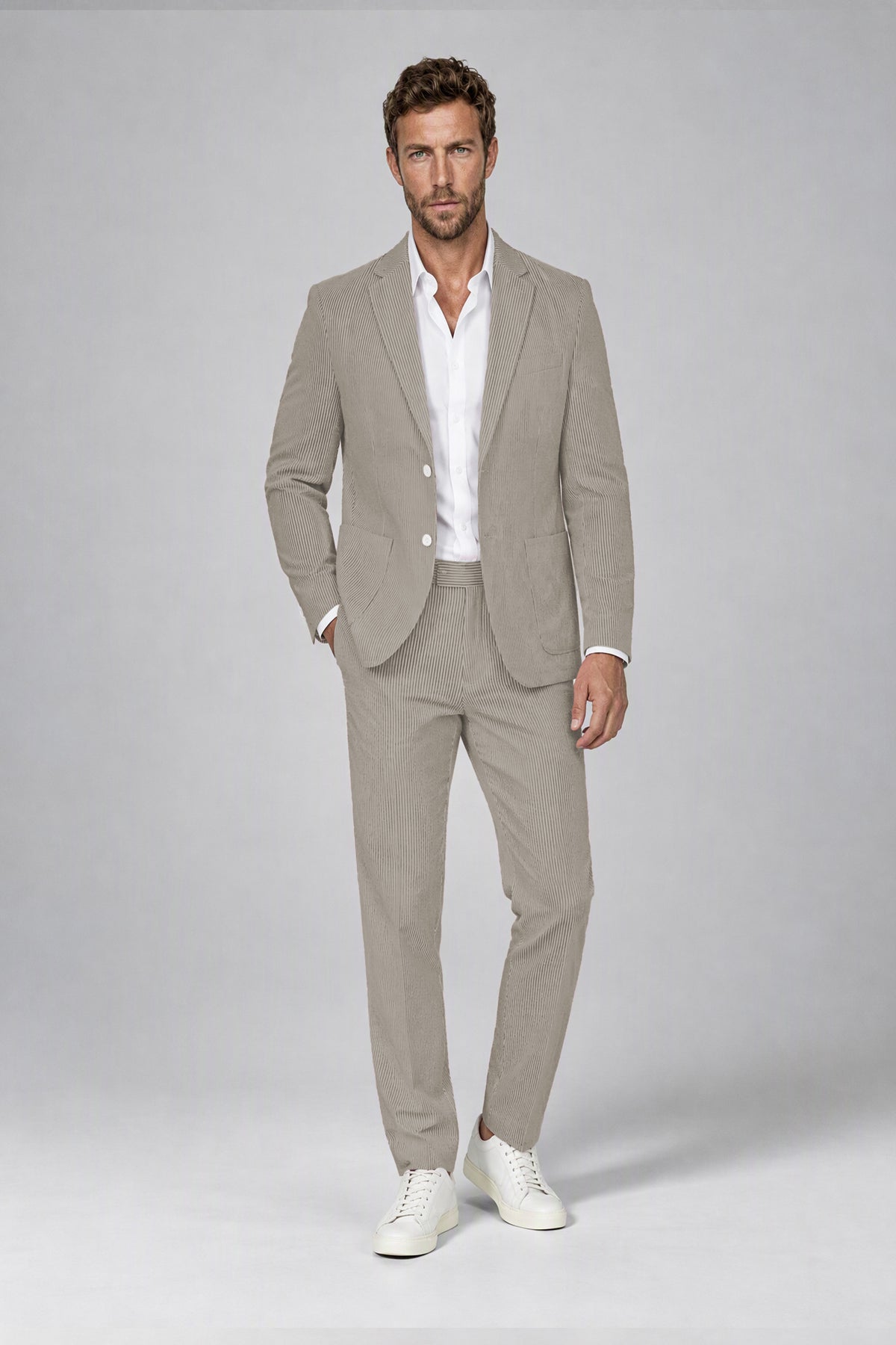 Savile Men's Sand Beige Striped 2-Piece Suit Set – Notch Lapel Blazer & Tailored Trousers - Sand Beige - Sand_Beige(2)