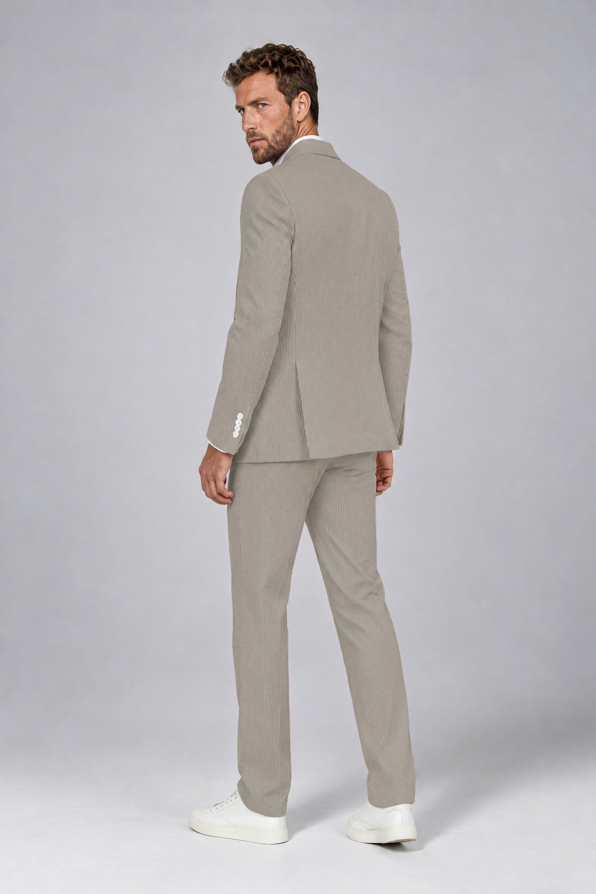 Savile Men's Sand Beige Striped 2-Piece Suit Set – Notch Lapel Blazer & Tailored Trousers - Sand Beige - Sand_Beige(3)