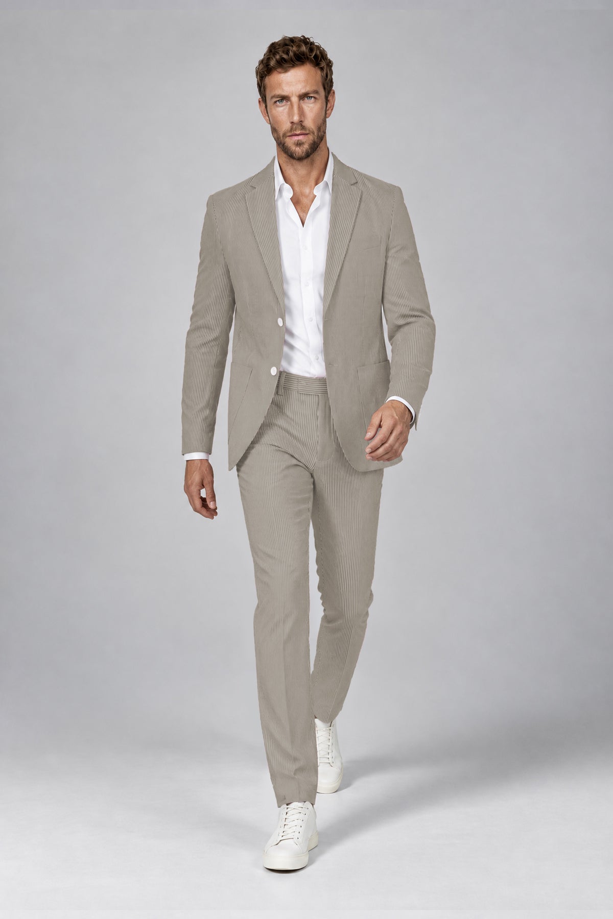 Savile Men's Sand Beige Striped 2-Piece Suit Set – Notch Lapel Blazer & Tailored Trousers - Sand Beige - Sand_Beige(4)
