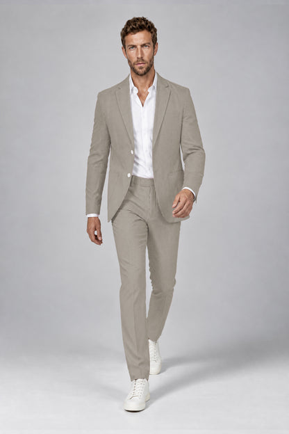 Savile Men's Sand Beige Striped 2-Piece Suit Set – Notch Lapel Blazer & Tailored Trousers - Sand Beige - Sand_Beige(4)