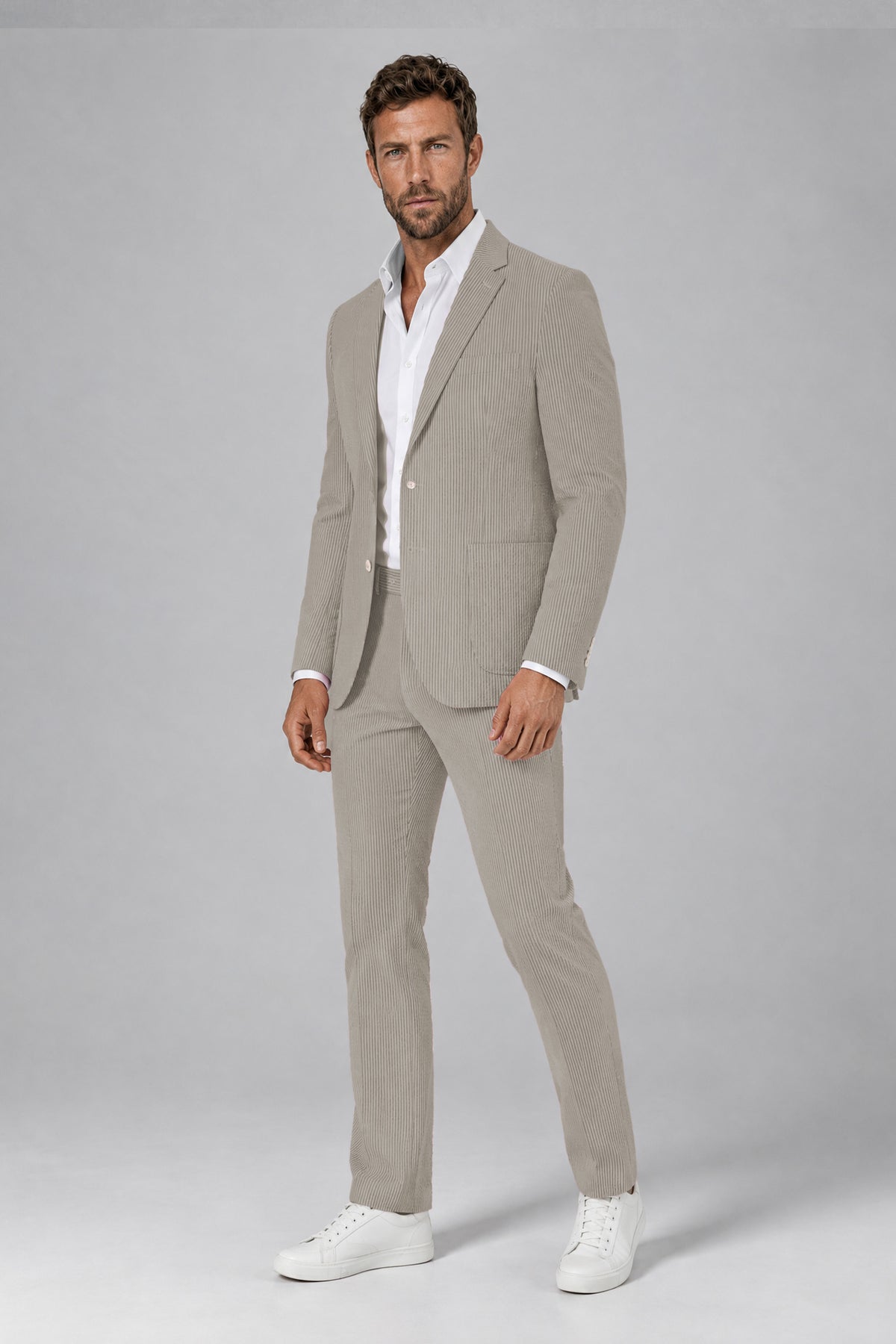 Savile Men's Sand Beige Striped 2-Piece Suit Set – Notch Lapel Blazer & Tailored Trousers - Sand Beige - Sand_Beige(5)