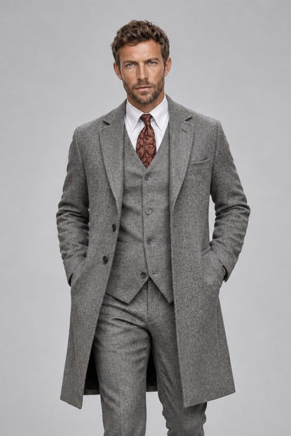 Savile Men's Silver Grey 3-Piece Overcoat Suit Set front full-body view featuring notch lapel long coat, matching waistcoat, and tailored trousers