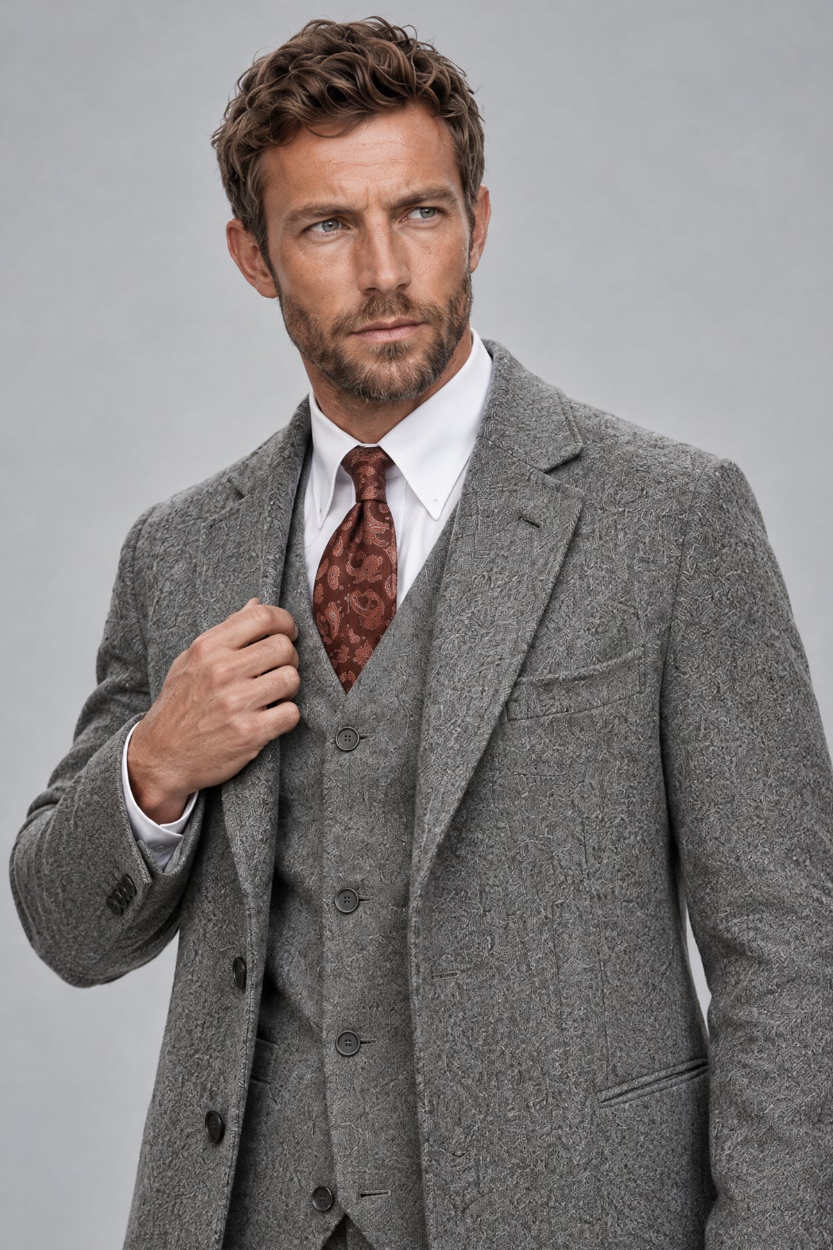 Full-length walking pose in Savile Men's Silver Grey Overcoat Suit Set demonstrating tailored fit and fluid fabric drape