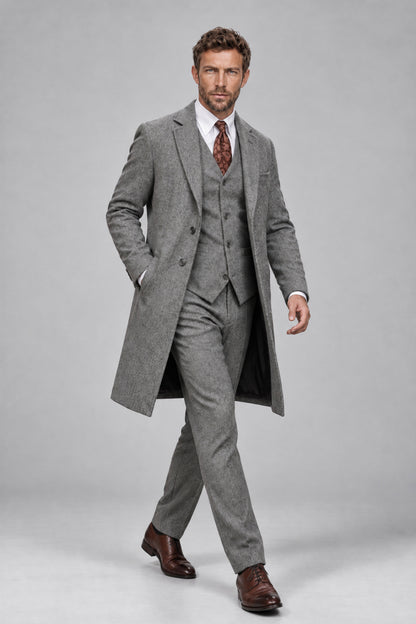 Three-quarter front view of Savile Men's Silver Grey 3-Piece Suit Set with long overcoat and matching waistcoat