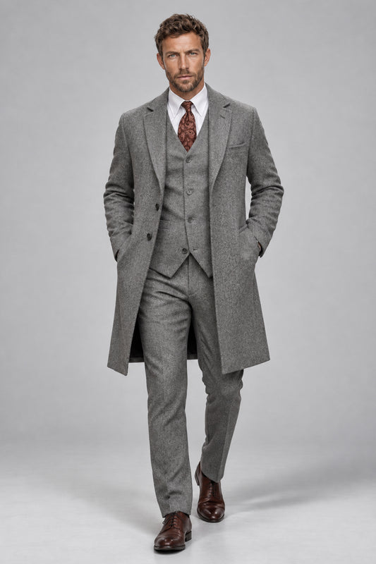 Close-up fabric and tailoring detail of Savile Men's Silver Grey Overcoat Suit showing notch lapel, button closure, and matching 5-button vest