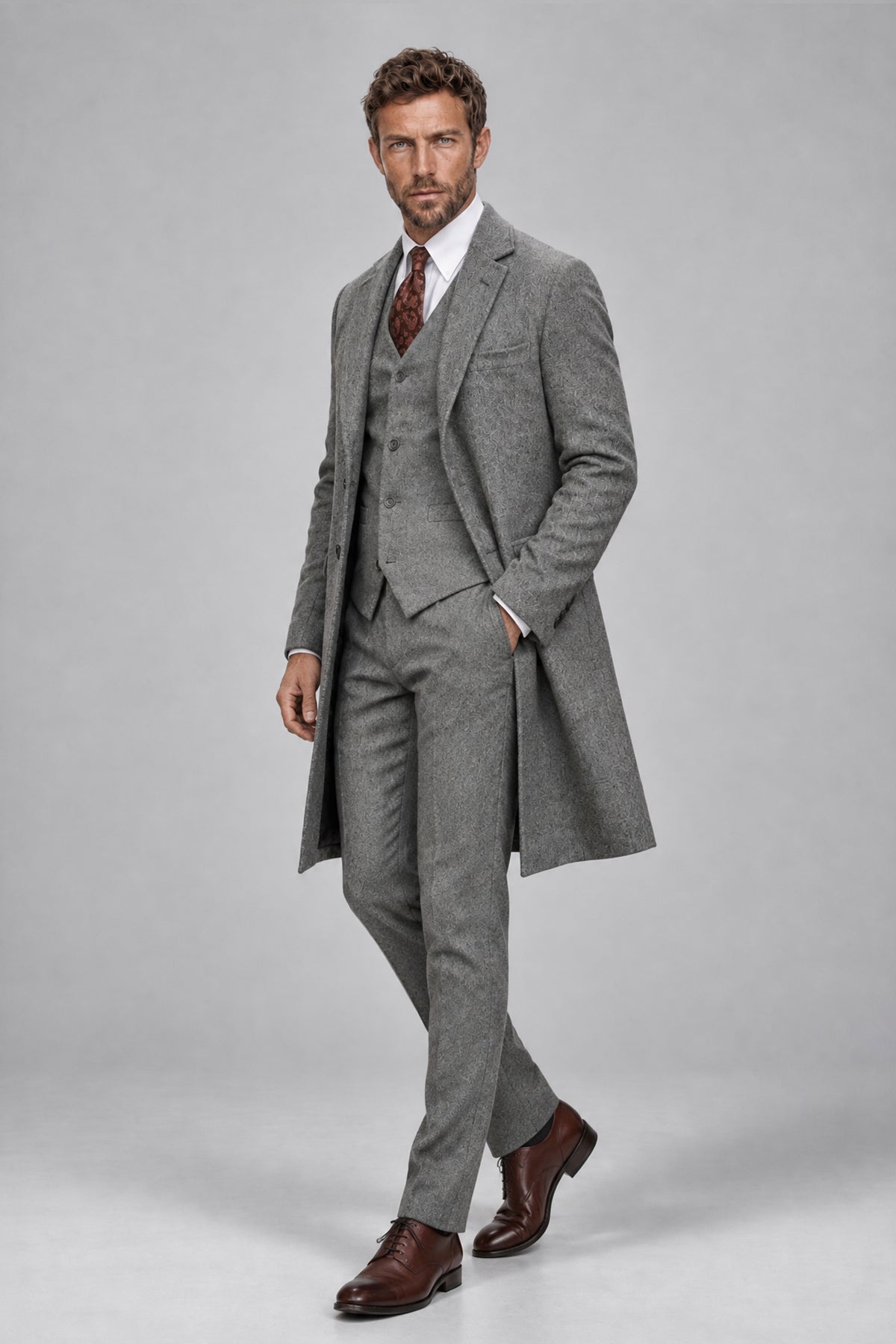 Full-length side view of Savile Men's Silver Grey 3-Piece Suit Set showing open overcoat drape and slim-fit trousers