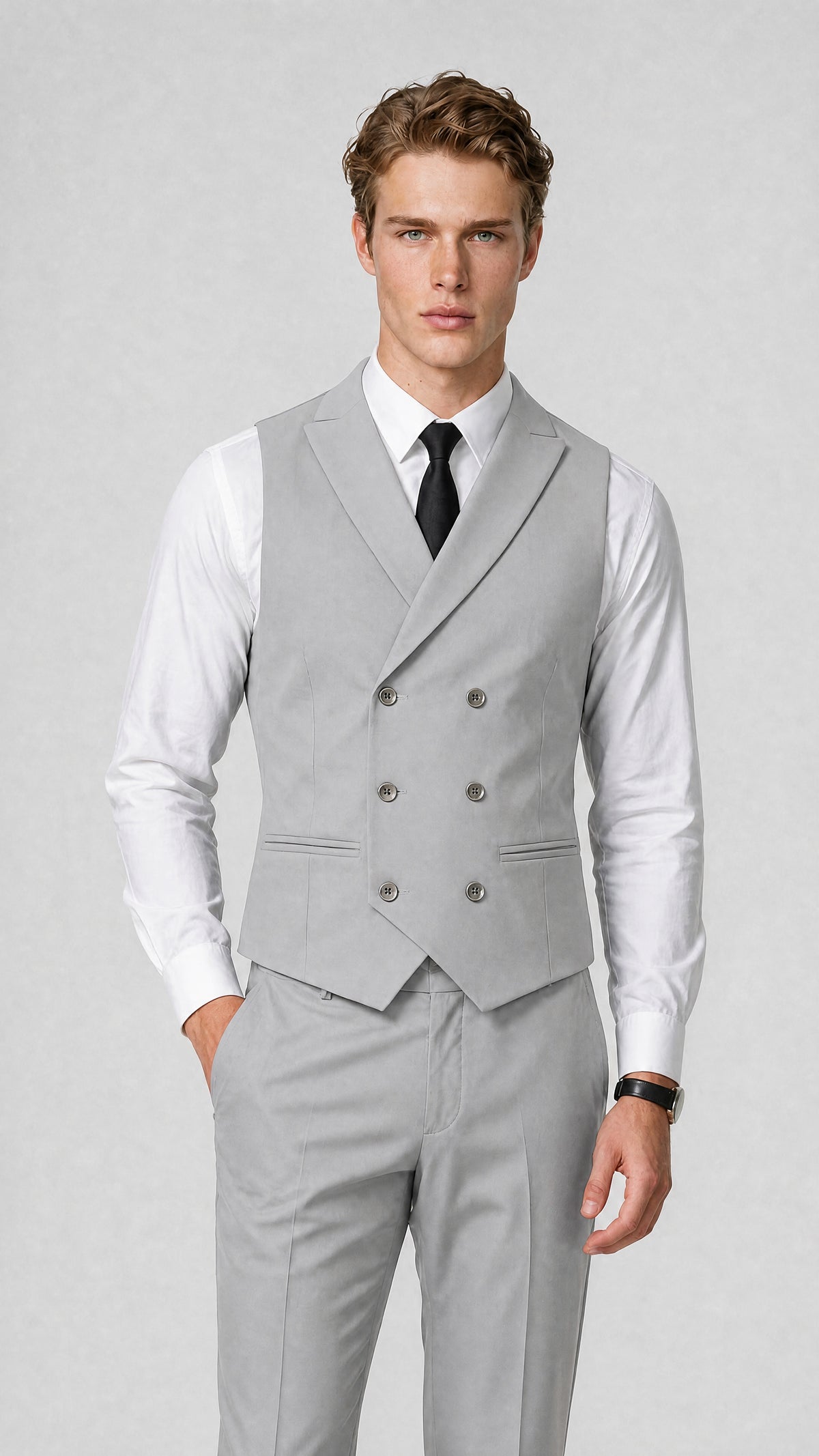 Men's Classic Silver Double-Breasted Shawl Lapel Suit Vest | Savile QX0100 - Silver